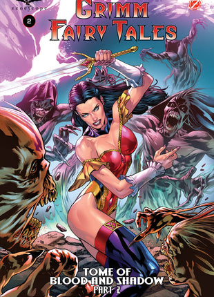Comic book cover of Grimm Fairy Tales with a woman in a red and blue costume surrounded by creatures.