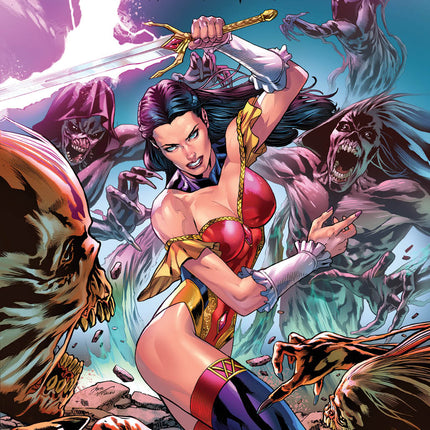 Comic book cover of Grimm Fairy Tales with a woman in a red and blue costume surrounded by creatures.