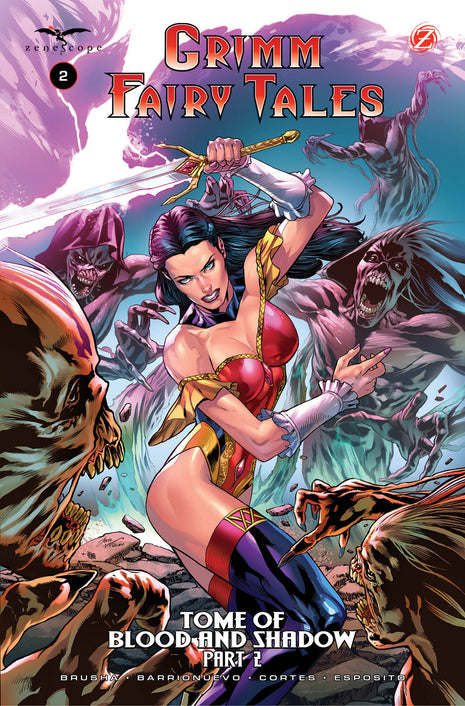 Comic book cover of Grimm Fairy Tales with a woman in a red and blue costume surrounded by creatures.